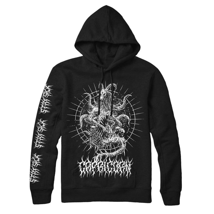 Stay Sick Clothing black hoodie with a detailed white demonic multi-armed figure and serpents graphic on the chest, radiating lines, sleeve designs, and text near the hem.