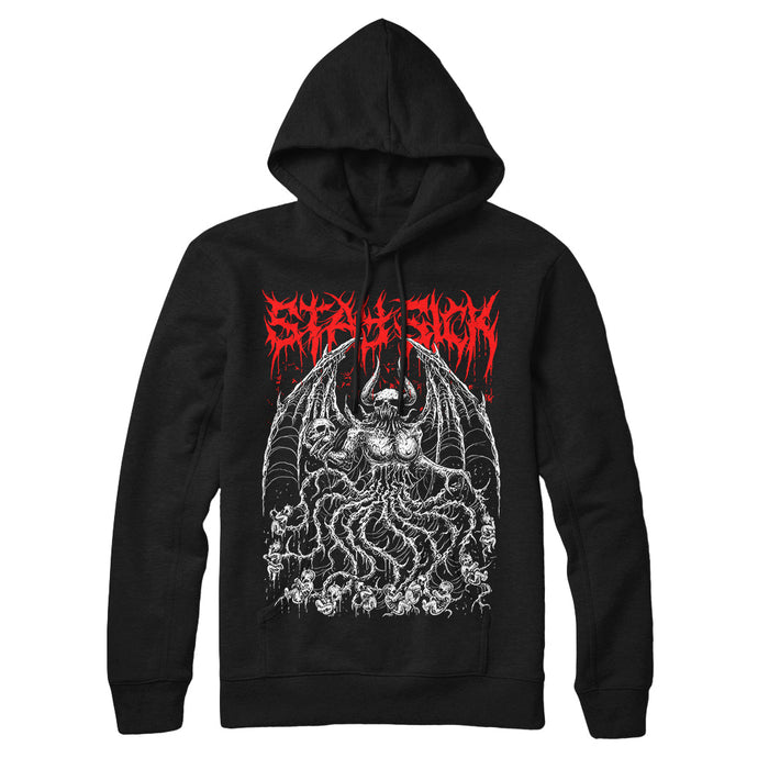 A black pullover hoodie from Stay Sick Clothing, featuring a graphic of the Demon Mother—a demonic winged creature with swirling figures and a jagged red logo above the artwork.