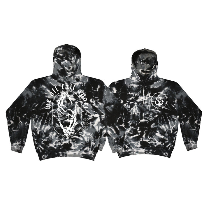 Two Stay Sick Clothing Fall Apart Pullovers in black and white tie-dye are shown front and back. The front features a small anchor, while the back displays a large skeleton, anchor, and the phrase “we all fall apart.”.