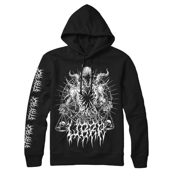 Stay Sick Clothing black hoodie with detailed white demonic artwork, chains, horns, and abstract designs on the front. Left sleeve features jagged patterns. Includes a drawstring hood. Some sizes ship in early April.