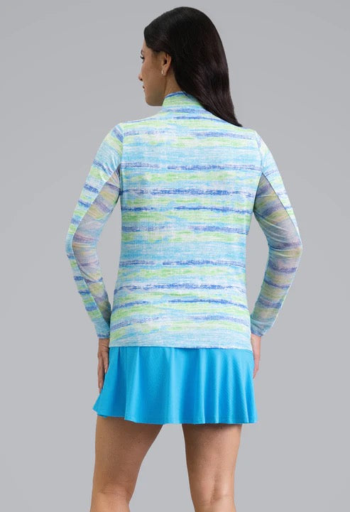 New Ibkul Women's Gia Long Sleeve Zip Mock Sun Shirt- Blue Multi