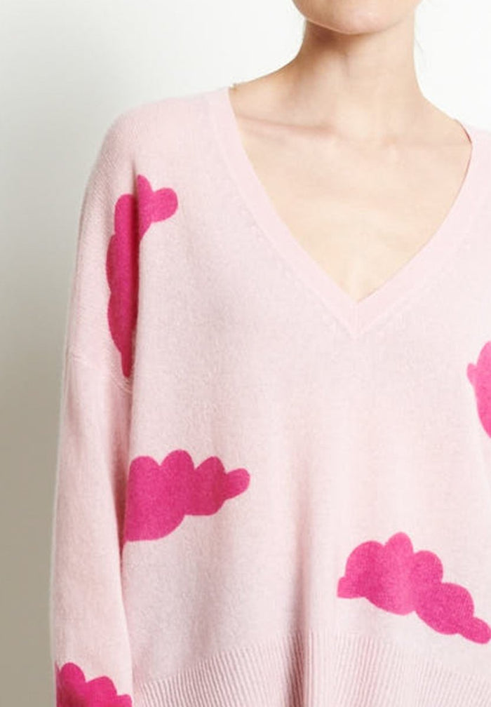RIA 20 Pull col V oversize imprimé nuage en cachemire rose baby/rose indien