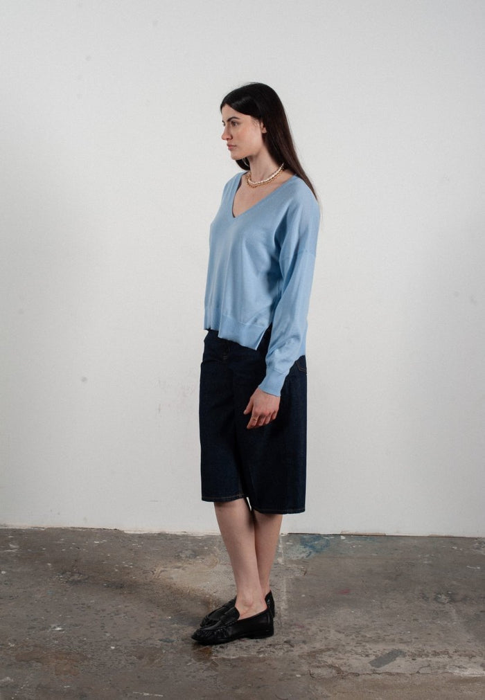 Pull col V femme en cachemire & laine ultrafin bleu ciel - KELLY 10