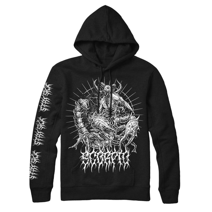 Stay Sick Clothing black hoodie with an intricate white demonic skeletal graphic on the chest, stylized spiky text below, and matching spiky text designs down both sleeves.