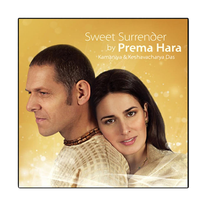 Album cover for Sweet Surrender by Prema Hara, featuring a man and woman standing together on a soft golden background with sparkles, white text, and the gentle Om Namah Shivaya spirit. Brand: Prema Hara.