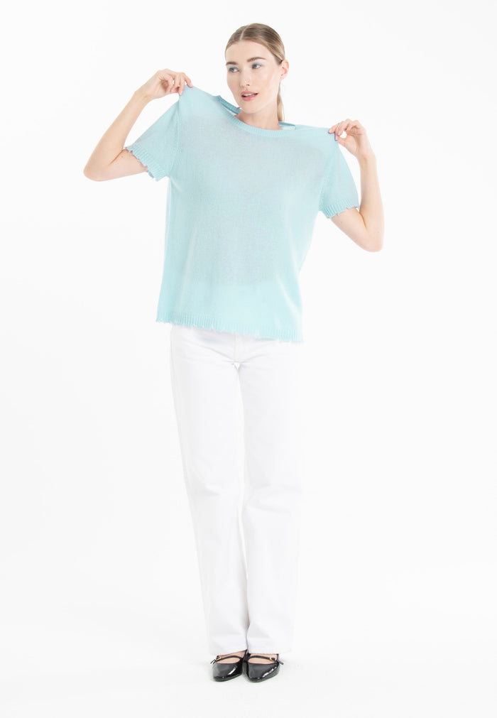 T-shirt col rond femme en cachemire déjaugé turquoise - AVA 6