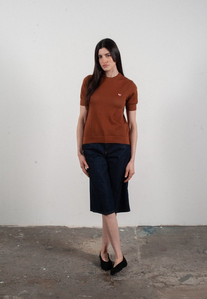 T-shirt col rond manches courtes femme en cachemire et laine ajouré ultrafin marron clair - FRIDA 8