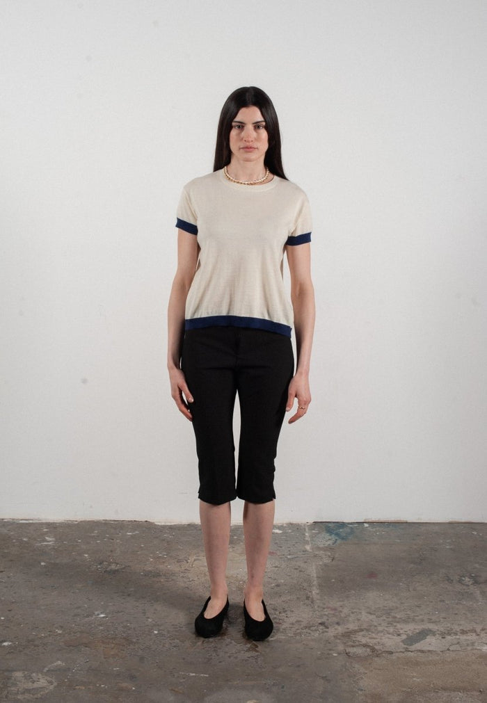 T shirt col rond manches courtes femme en cachemire & laine ultrafin blanc & bleu marine - KELLY 1