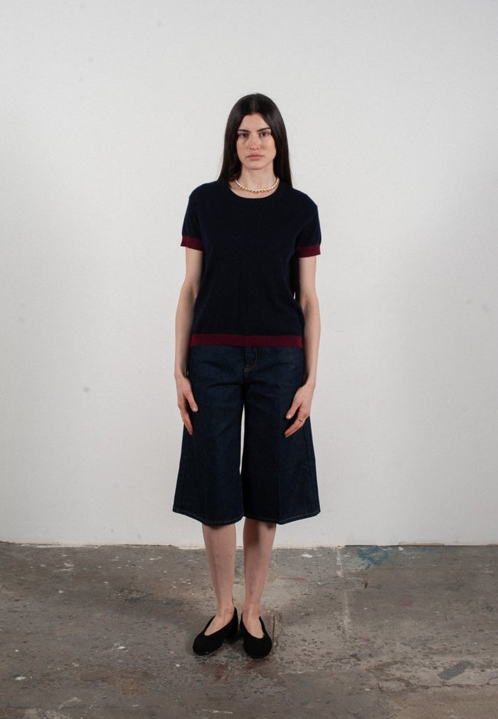 T shirt col rond manches courtes femme en cachemire & laine ultrafin bleu marine & rouge bordeaux - KELLY 1