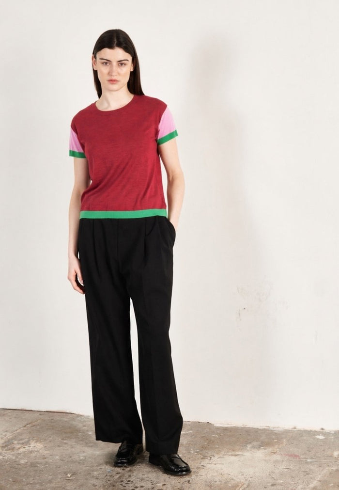 T shirt col rond manches courtes femme en cachemire & laine ultrafin rouge & lavande & vert - KELLY 7