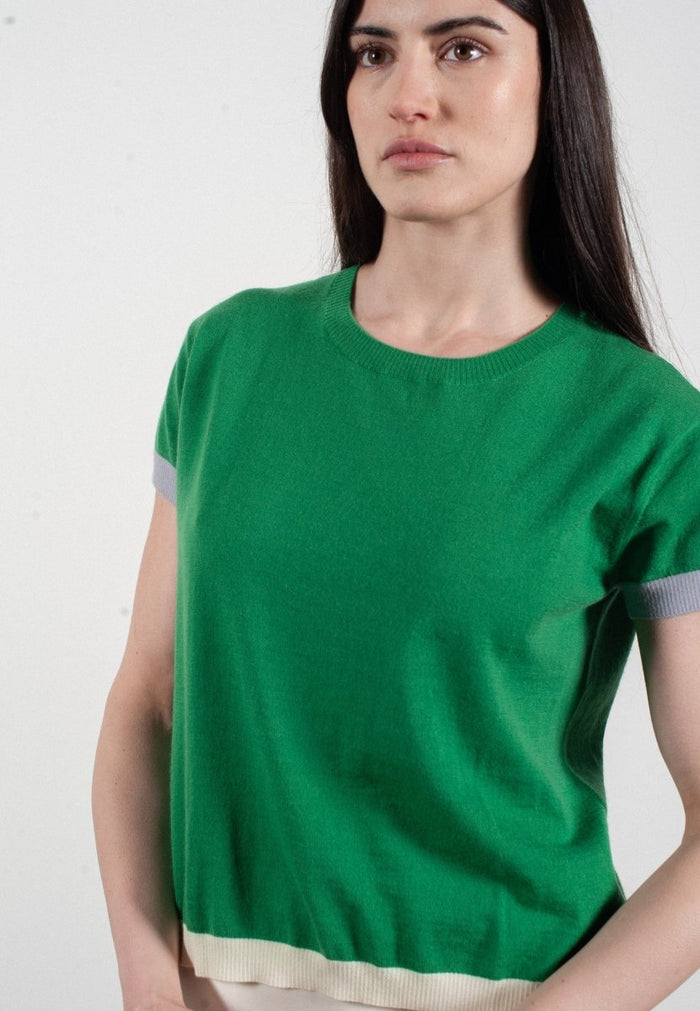 T shirt col rond manches courtes femme en cachemire & laine ultrafin vert & lavande & blanc - KELLY 8