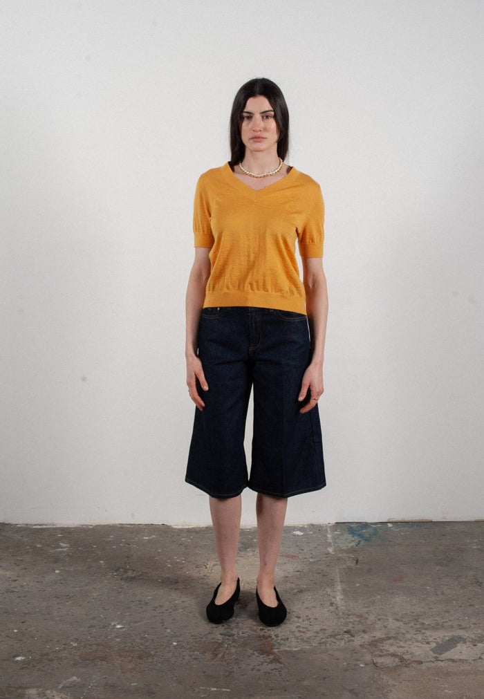 T-shirt col V manches courtes femme en cachemire et laine ultrafin jaune - FRIDA 10