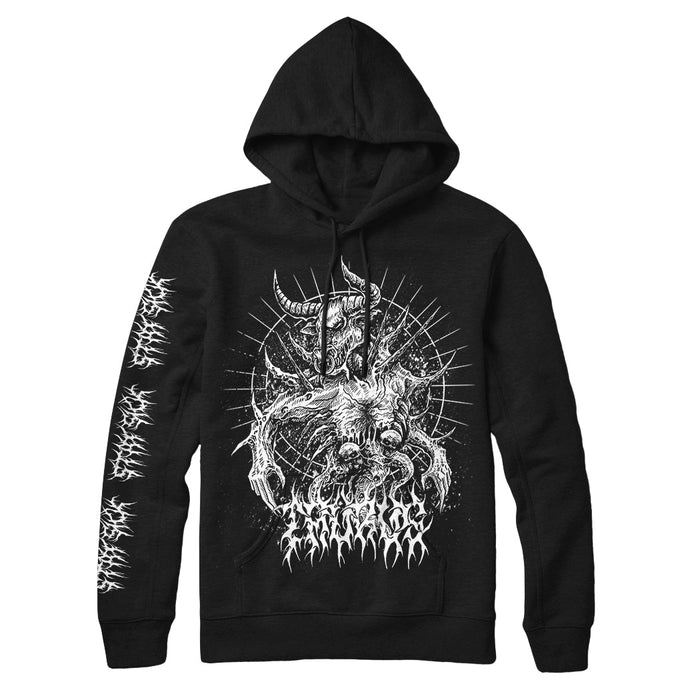 Stay Sick Clothing black hoodie with a detailed white graphic of horned, fanged demonic creatures on the chest. White jagged band-style text decorates the sleeves and lower front.