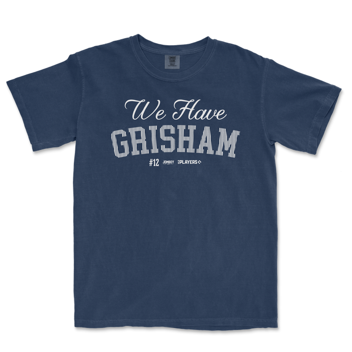 Navy blue t-shirt featuring the text "We Have Grisham" and the number 12, designed for sports fans.