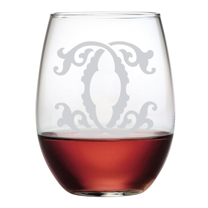 A partially filled 1-Letter Etched Initial Stemless Wine Glass with red wine features a clear body and an ornate frosted monogram design on the front.