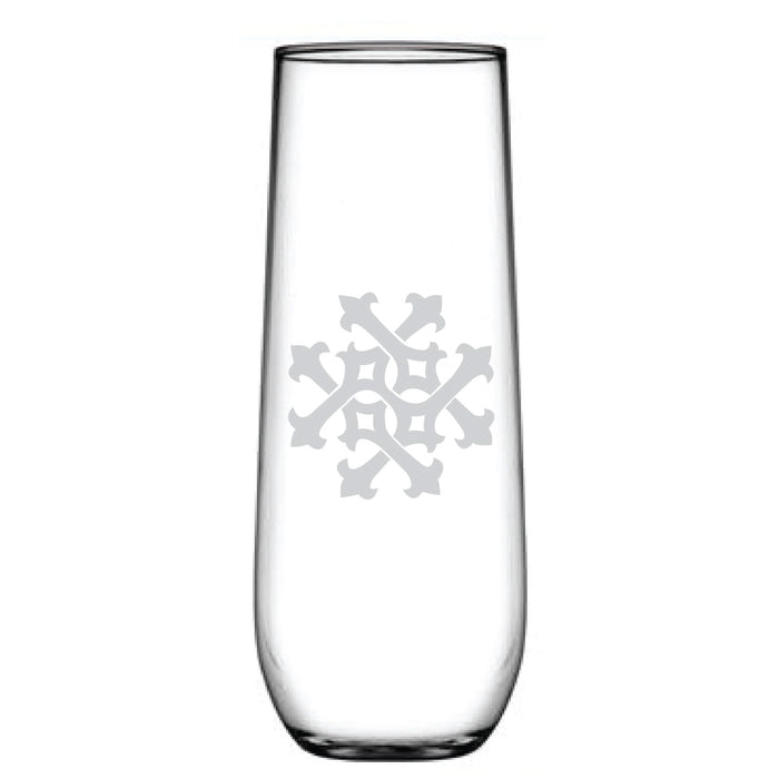 The 1-Letter Monogrammed Stemless Champagne Flute is a tall, clear cylindrical glass with a white geometric key pattern in the center. It features a smooth, glossy surface and can be personalized with your initials for an elegant touch.