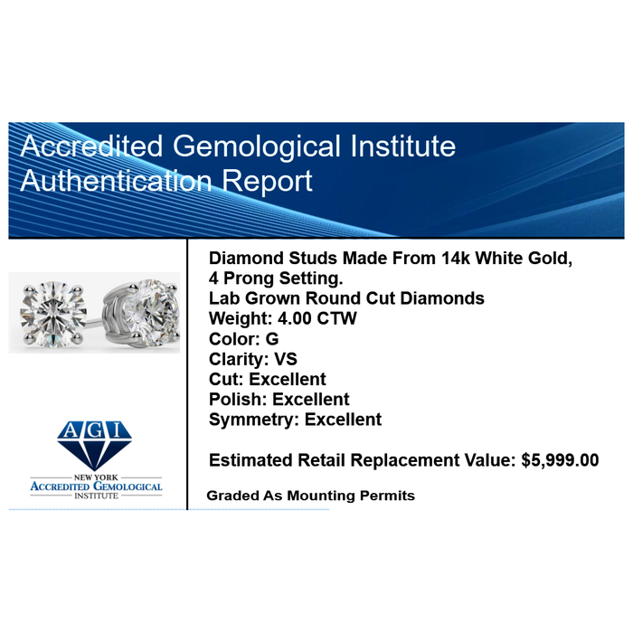 4.00 CTW AGI Certified Lab Grown Diamond Stud Earrings in 14K White or Yellow Gold - G Color VS Clarity