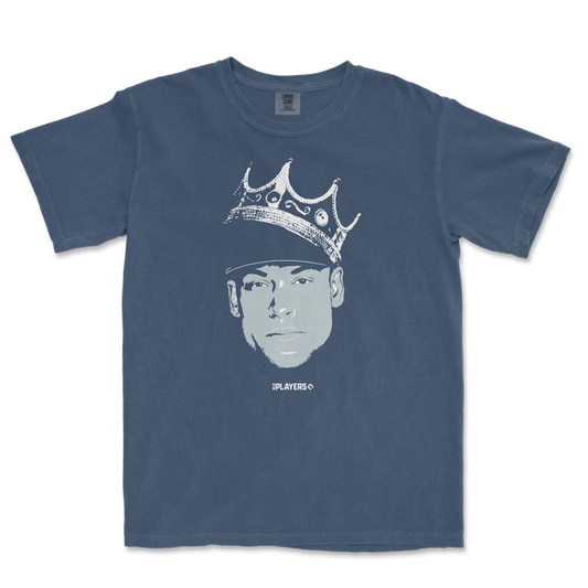 Comfort Colors blue T-shirt featuring a graphic of Aaron Judge wearing a crown, with the text "King of New York" and "Players" below.