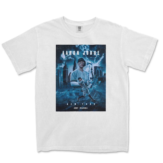 White Comfort Colors T-shirt featuring a graphic design of Aaron Judge as the King of NYC, with cityscape and lightning in the background.