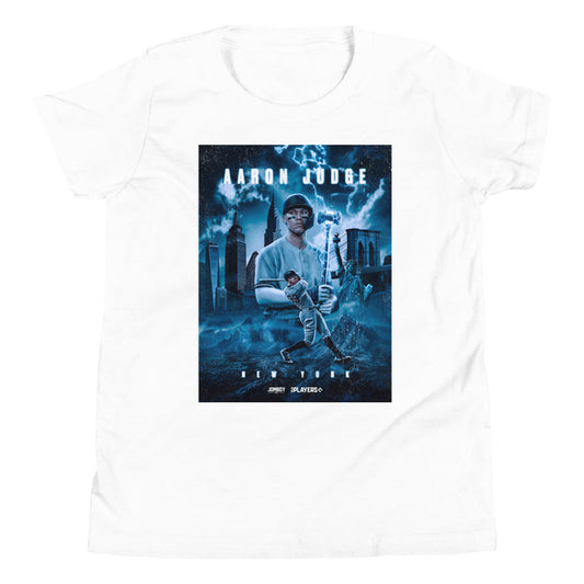 Youth T-shirt featuring Aaron Judge with a New York City skyline, lightning, and sports-themed graphics in blue tones.
