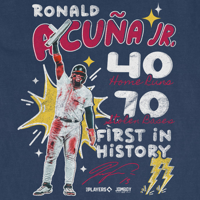 Comfort Colors T-shirt featuring a graphic of Ronald Acuña Jr. celebrating, with bold text highlighting his 70/40 season achievements.