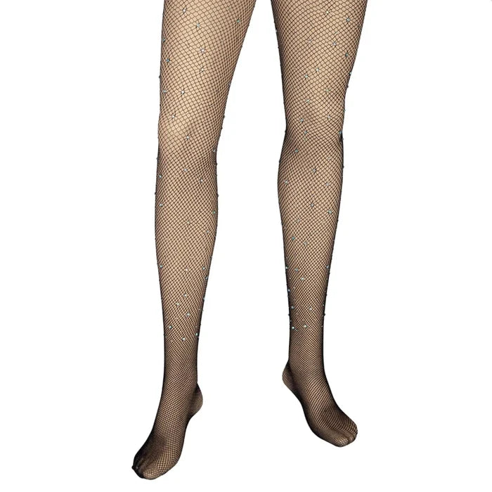 Pair of black fishnet tights with silver sparkling diamante decoration for fancy dress costumes