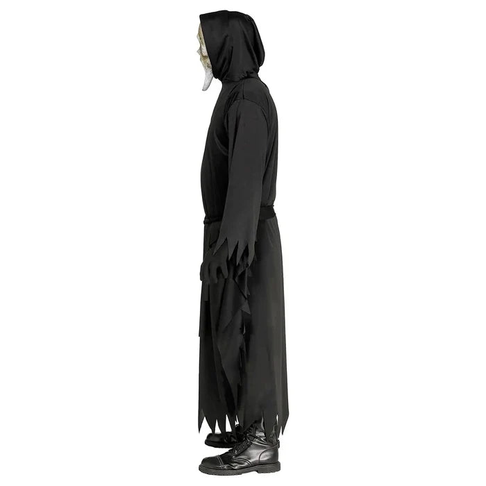 Side view of adults Ghost Face fancy dress costume with long black jagged robe and aged face mask