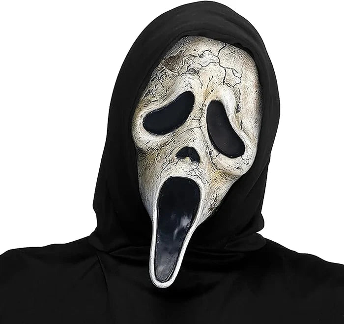 Close up of Ghost Face face mask with weathered and aged finish for a realistic look