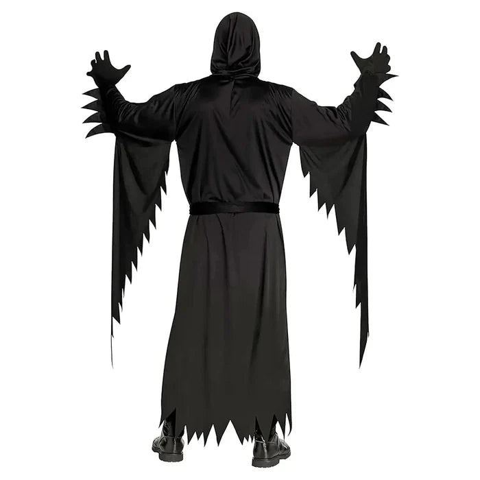 Back view of adults Ghost Face fancy dress costume with long black jagged robe