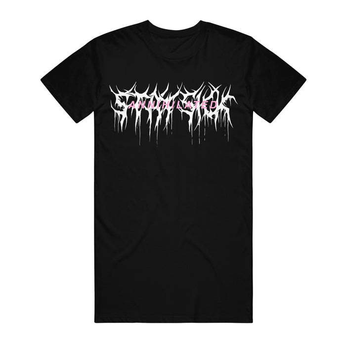 A black t-shirt from Stay Sick Clothing featuring a white, jagged Annihilated logo with pink accents on the chest in a metal band style.
