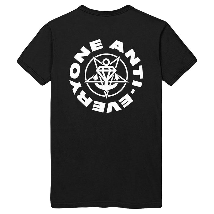 This Stay Sick Clothing Black T-Shirt is a bold graphic tee, with a white circular ANTI-EVERYONE design on the back surrounding a geometric symbol and central figure.