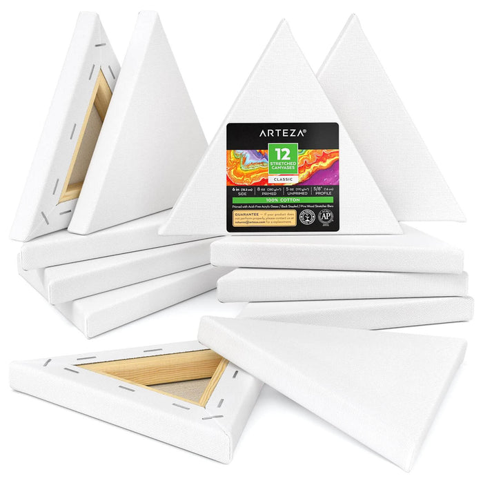 Arteza Classic Triangle Stretched Canvas Pack Gesso Primed White 6" (12)