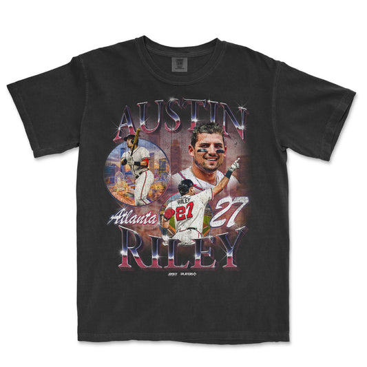 Black Comfort Colors T-shirt featuring Austin Riley with images of him playing baseball, Atlanta skyline, and "Austin Riley" text.