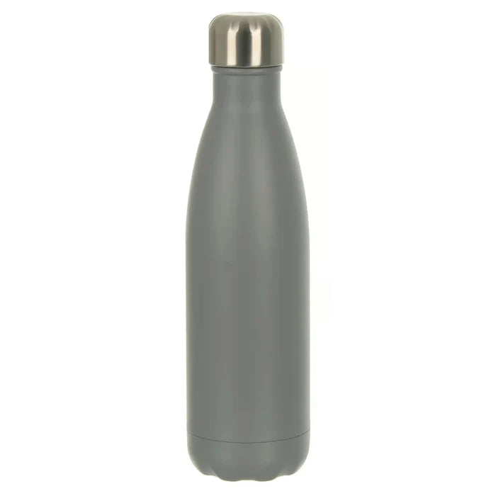 grey water bottle with stainless steel twist cap