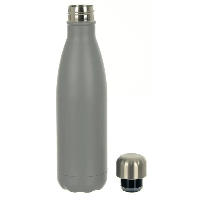 Tall, slimline, grey water bottle with stainless steel twist cap beside