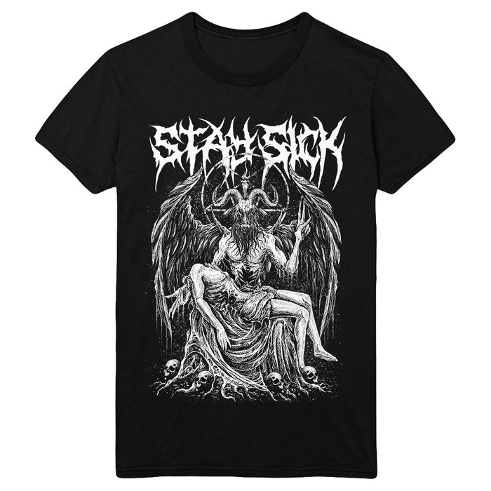 Stay Sick Clothing black T-shirt with a bold white Baphomet graphic seated on a throne of skulls; STAY SICK appears above in a jagged, horror-inspired font.