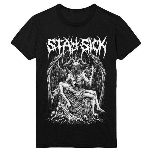 Stay Sick Clothing black T-shirt with a bold white Baphomet graphic seated on a throne of skulls; STAY SICK appears above in a jagged, horror-inspired font.