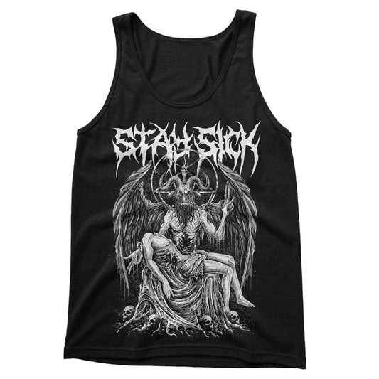 A black tank top from Stay Sick Clothing features a white graphic of a winged demon holding a limp, robed figure among skulls, with SATANISTIC in a jagged heavy metal-style font above.