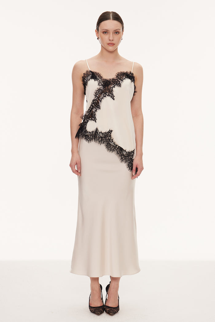 Bess Lace Asymmetric Satin Top In Beige