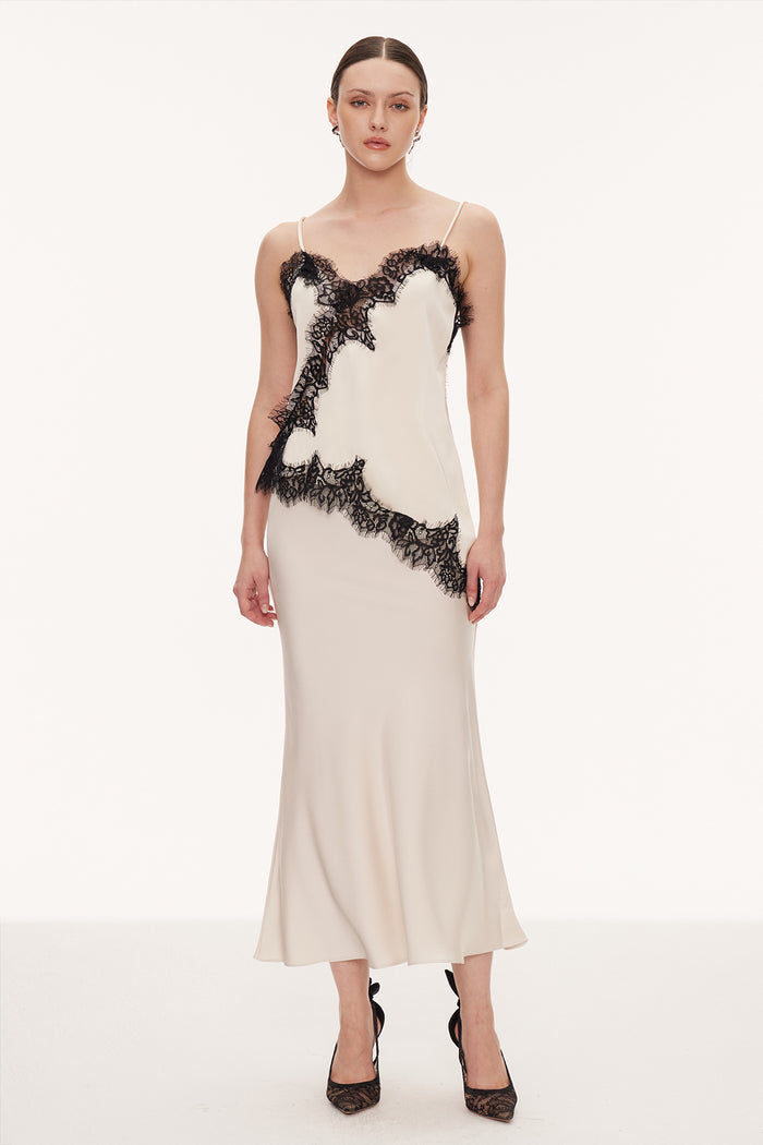 Bess Lace Asymmetric Satin Top In Beige