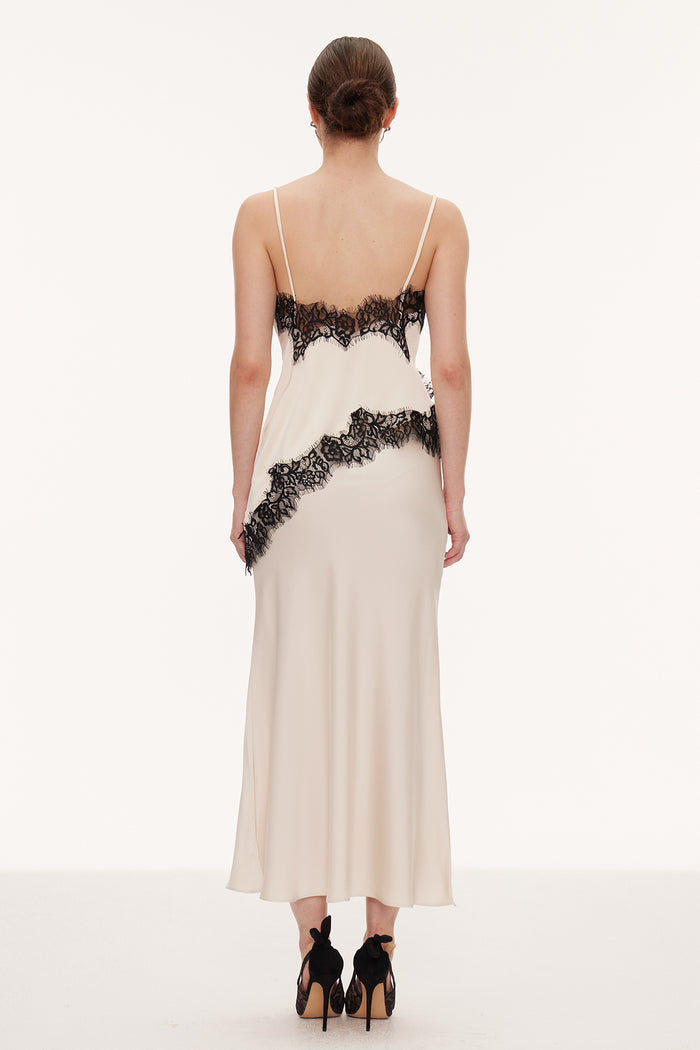 Bess Lace Asymmetric Satin Top In Beige
