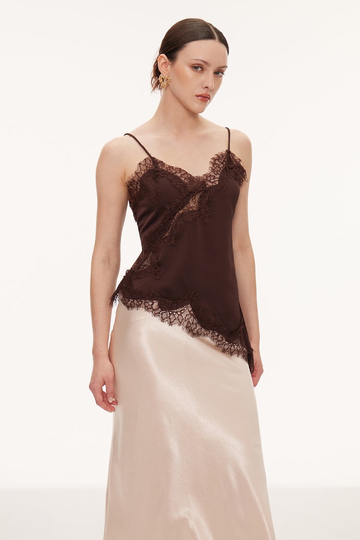 Bess Lace Asymmetric Satin Top In Brown