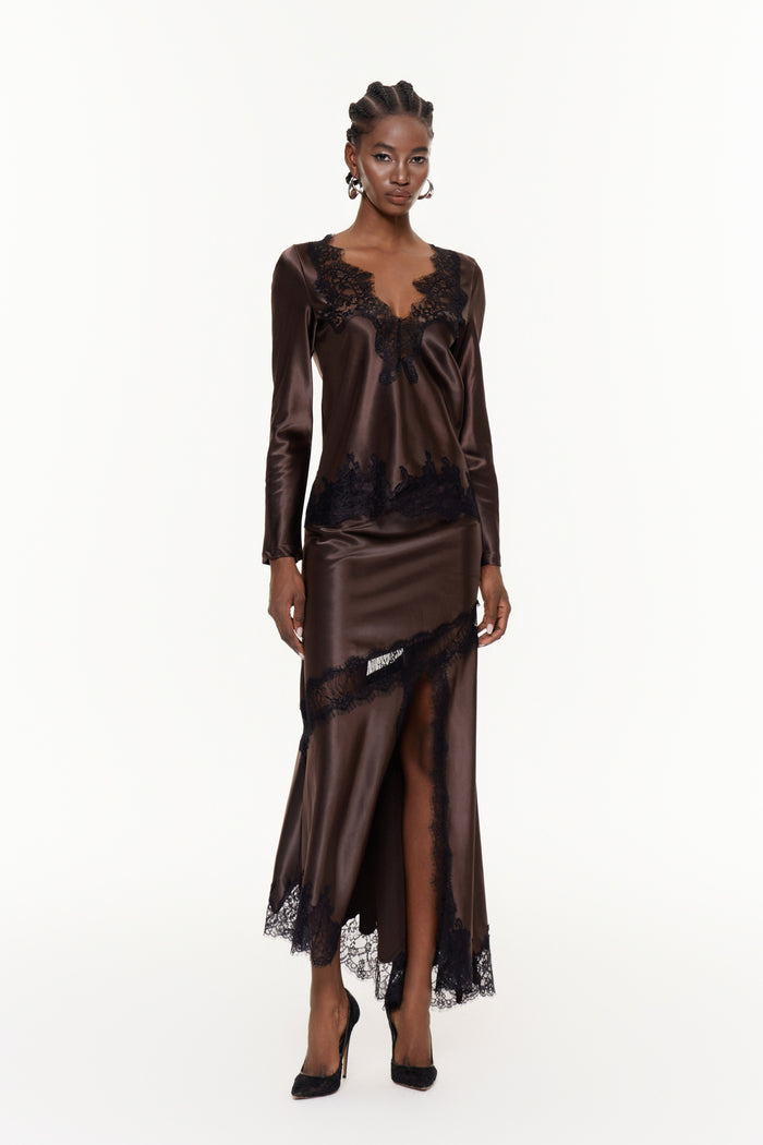 Bess Plunge Split Lace Skirt Set In Brown