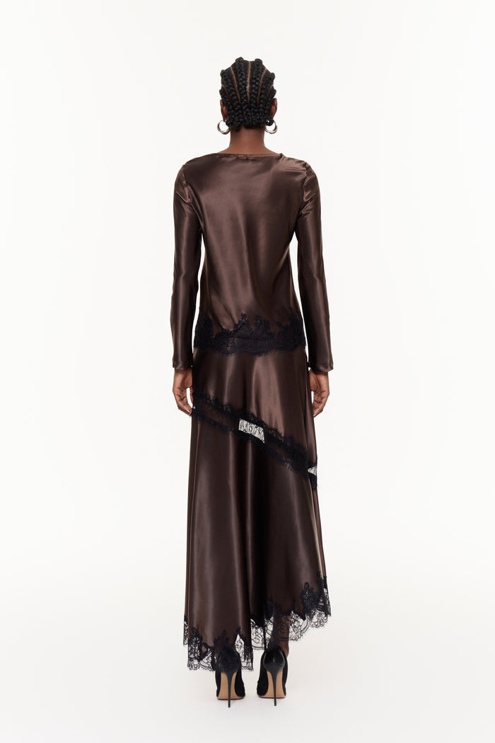 Bess Plunge Split Lace Skirt Set In Brown