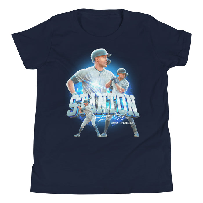 Navy blue youth t-shirt featuring a dynamic graphic of a baseball player in various action poses with a stylized text "Stanton 27" overlaid in a light blue graphic design.