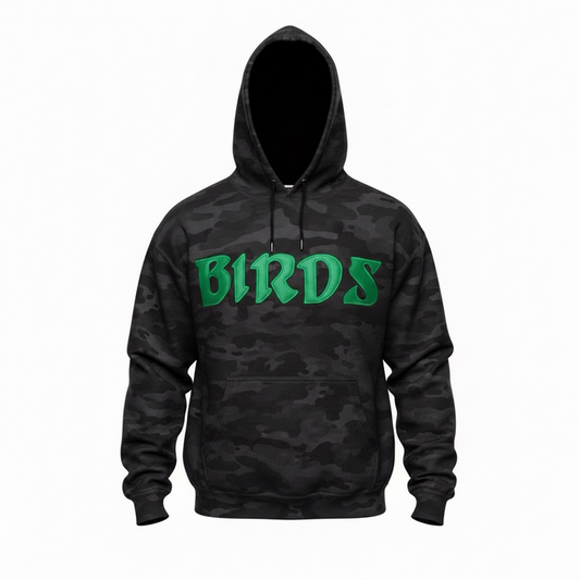 Black Camo Hoodie with Sewn-On BIRDS
