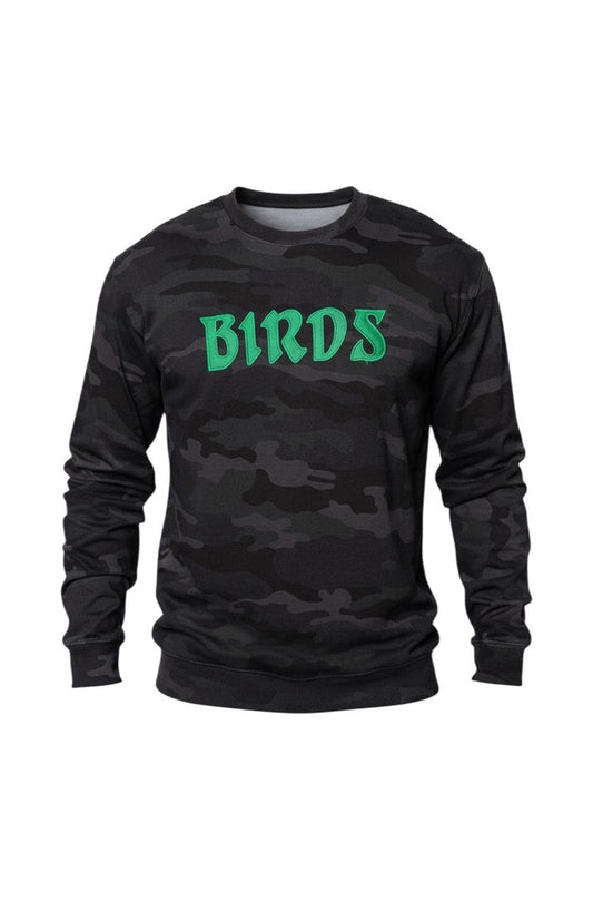 Black Camo Long Sleeve Tee with Sewn-On BIRDS
