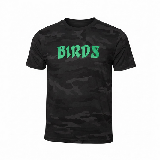 Black Camo Tee with Sewn-On BIRDS