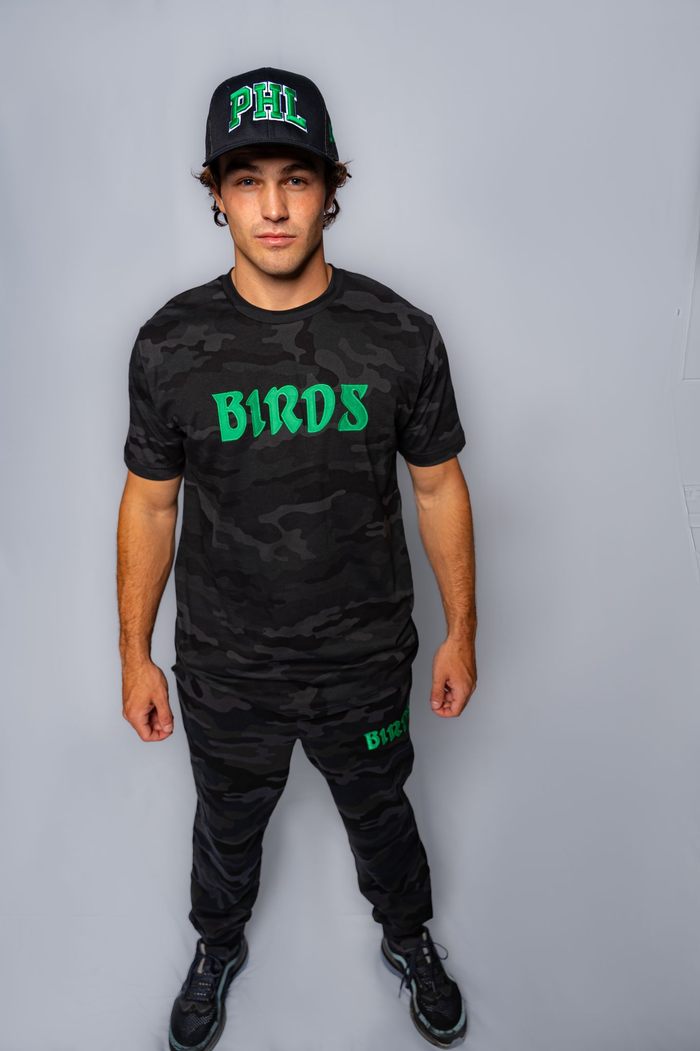Black Camo Tee with Sewn-On BIRDS