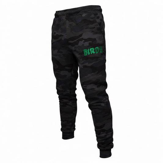 Black Retro Camo Joggers with Sewn-On BIRDS